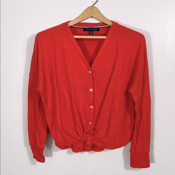 🌸Tommy Hilfiger Womens Ribbed Button Front Top Red Medium - Picture 2 of 9